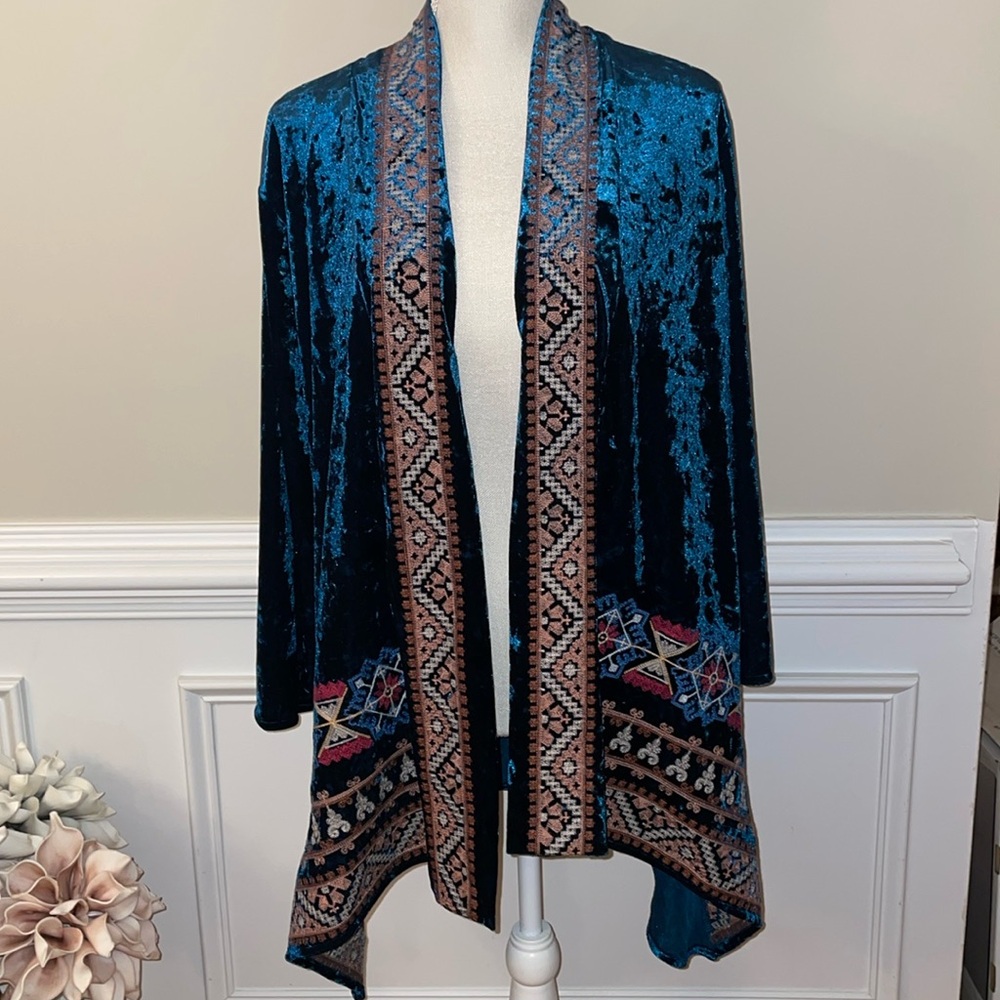 Andree‎ by Unit Crushed Teal Blue Velvet Embroidered Boho Kimono Size Large